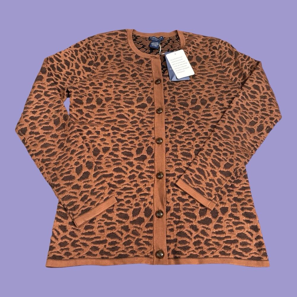 Doncaster Collection Cardigan Sweater Womens Brown Medium Leopard Button Front